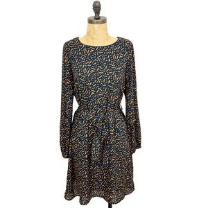 KAILEIGH Belted Balloon Sleeve Mini Dress L Confetti Navy Orange Party NEW B26